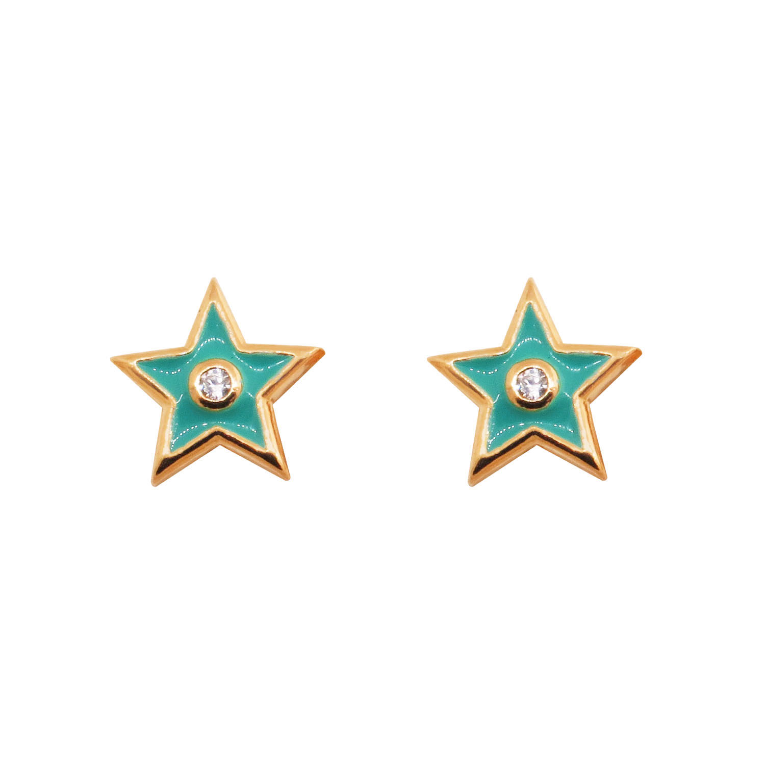 Par aros estrella, rosados, esmalte color turquesa