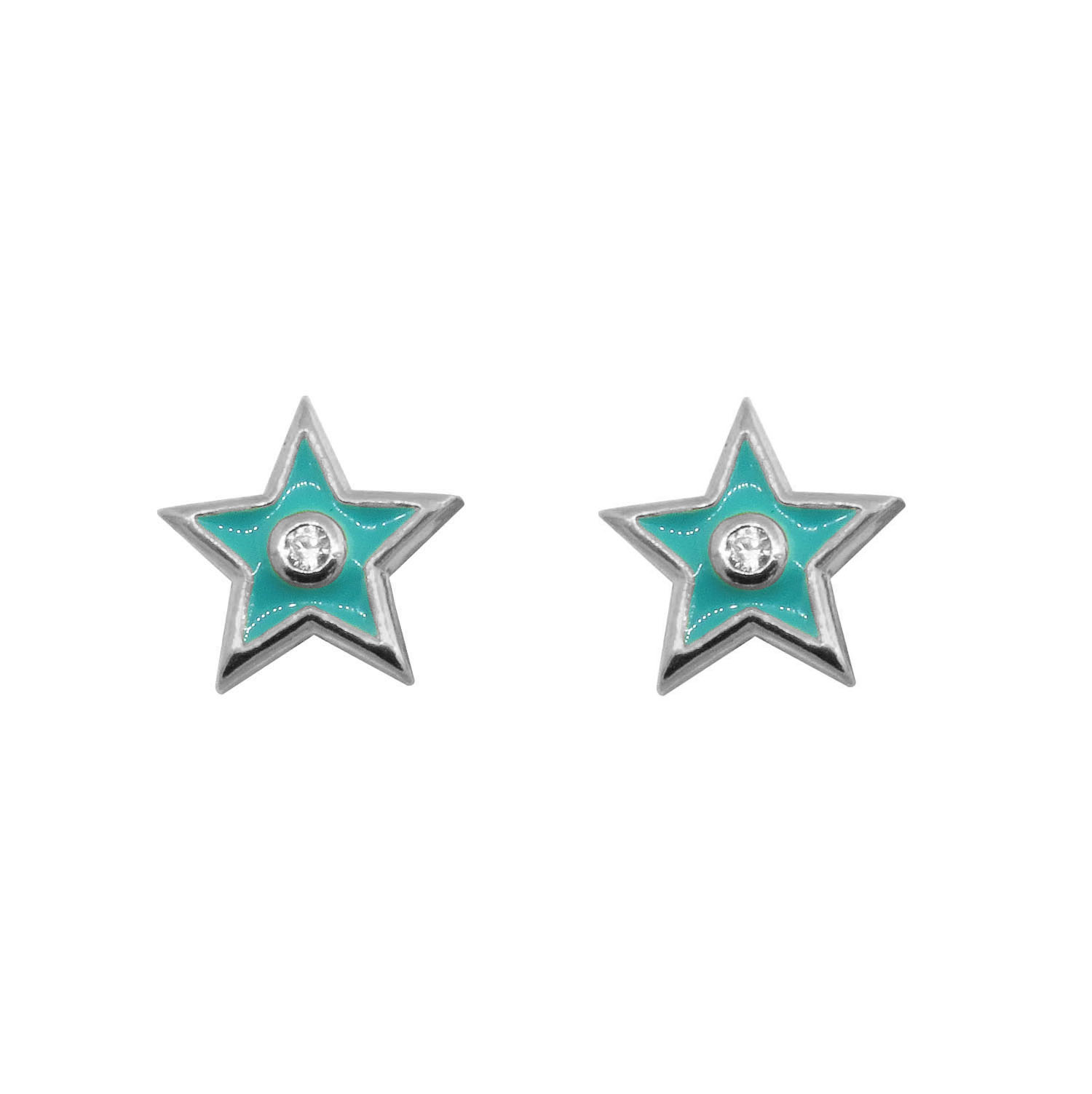 Par aros estrella, blancos, esmalte color turquesa
