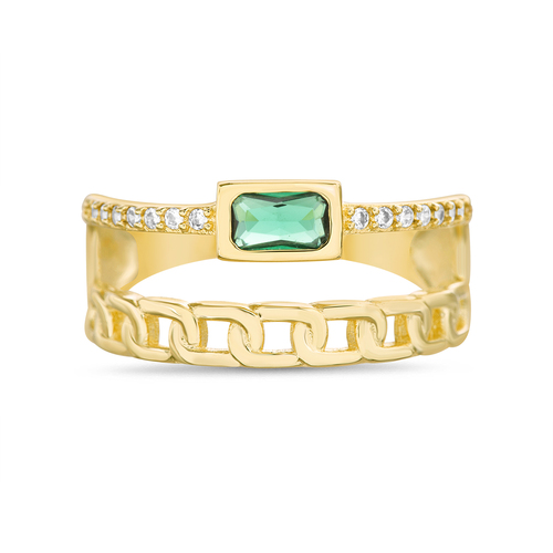 Anillo amarillo doble, eslabonado y medio sin fin con piedra verde