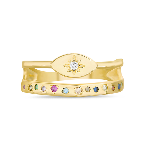 Anillo doble , amarillo, ojito y piedras multicolor