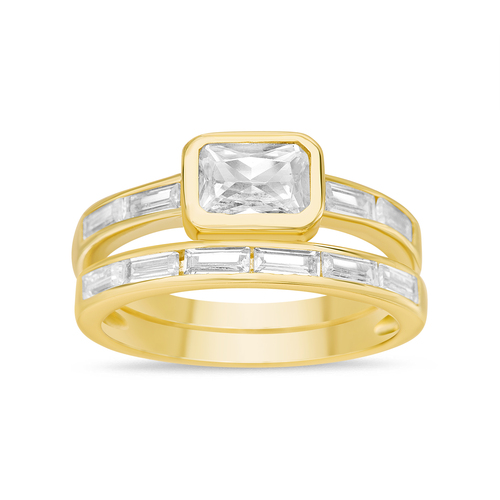 Anillo doble, amarillo, medio sin fin y solitario de piedras baguettes