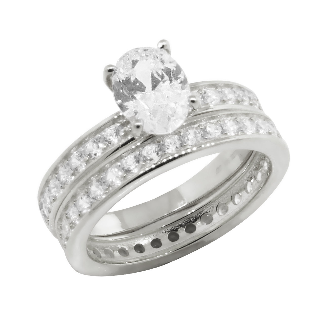 Anillo doble solitario, con piedra ovalada, blanco