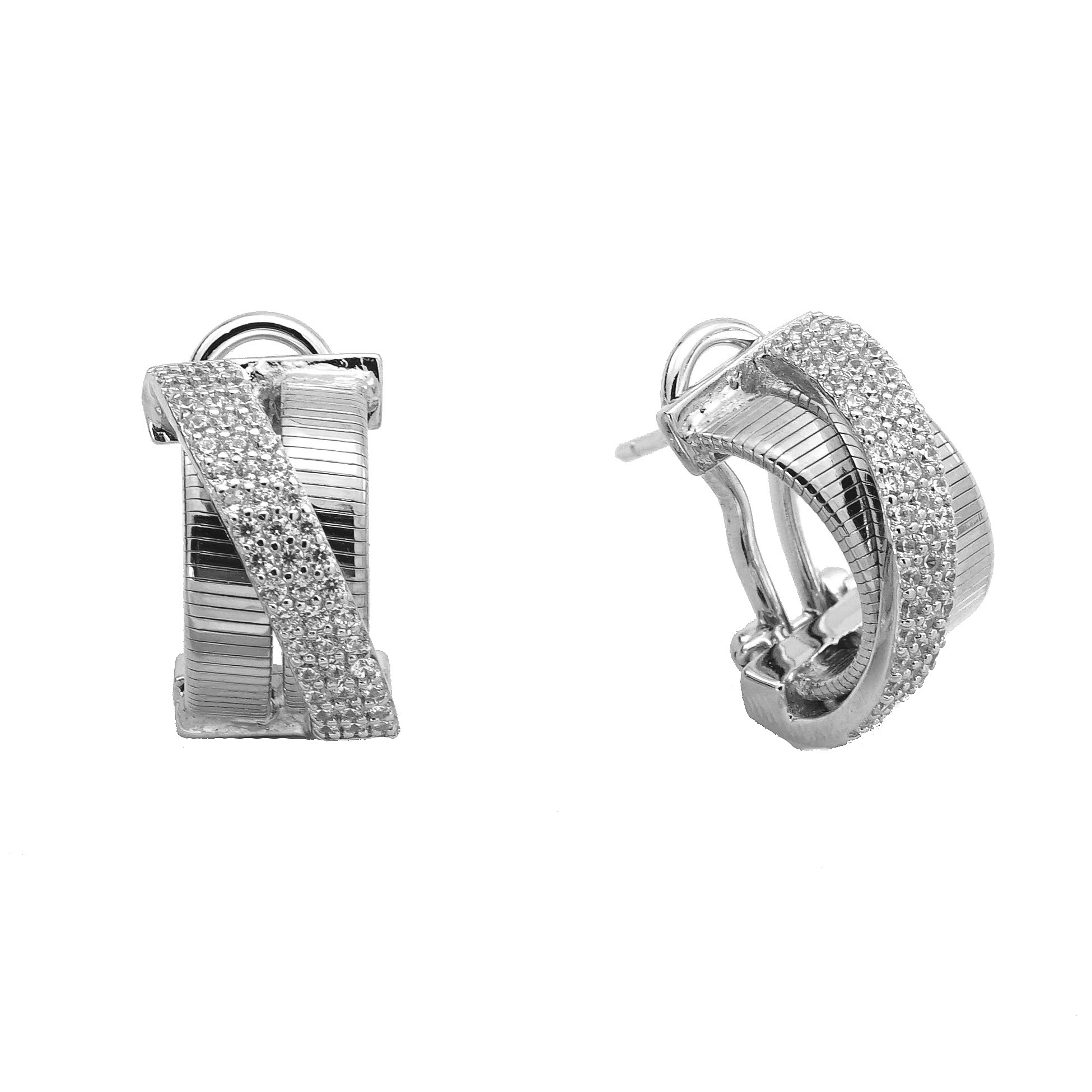 Par aros linea premium, dobles con tira pavee cruzada, cierre perno y clip