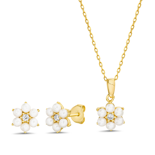 Conjunto y par de aros amarillo, flor con perlas