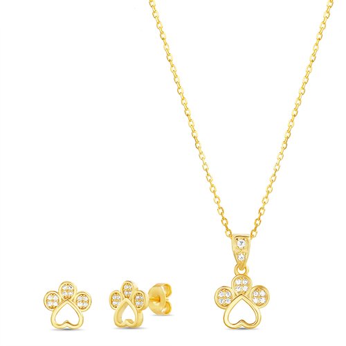 Conjunto y par aros huellita con piedras, amarillo