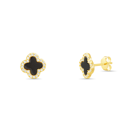 Par aros trebol, amarillo con onix y piedras blancas