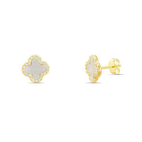 Par aros trebol, dorado con nacar y piedras blancas