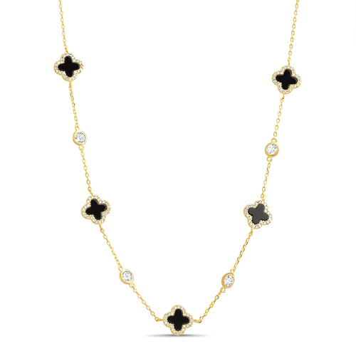 Conjunto trebol dorado con onix y piedras blancas con virolas