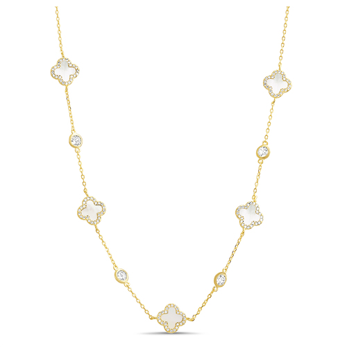 Conjunto trebol, dorado con nacar y piedras blancas con virolas