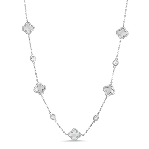 Conjunto trebol blanco con madre perla y piedras blancas con virolas