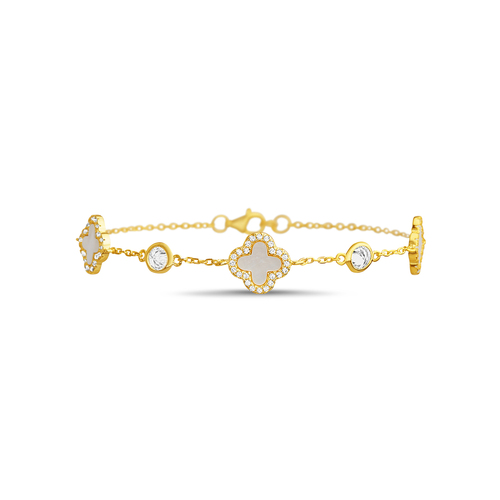 Pulsera trebol, dorada con nacar y piedras blancas con virolas