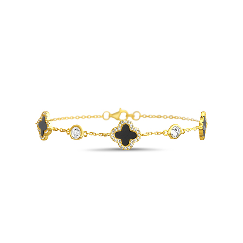 Pulsera trebol dorada con onix y piedras blancas con virolas