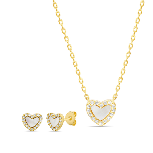 Conjunto cadena y aros corazon nacar/piedras, amarillo