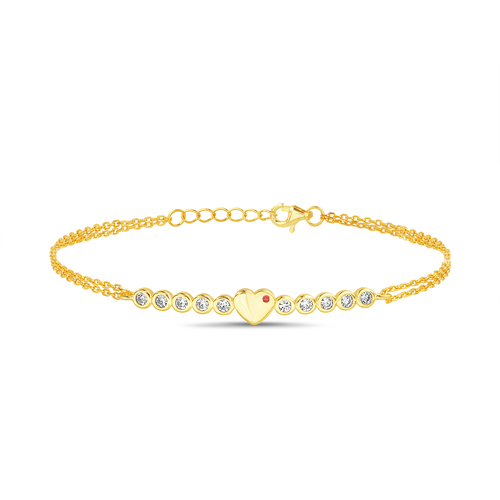 Pulsera corazon, piedras con virola, doble cadenita, amarilla