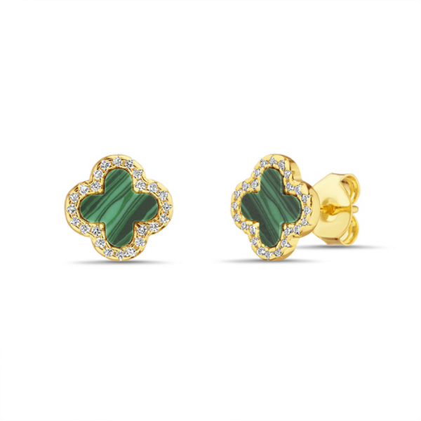 Par aros trebol dorado con verde y piedras blancas