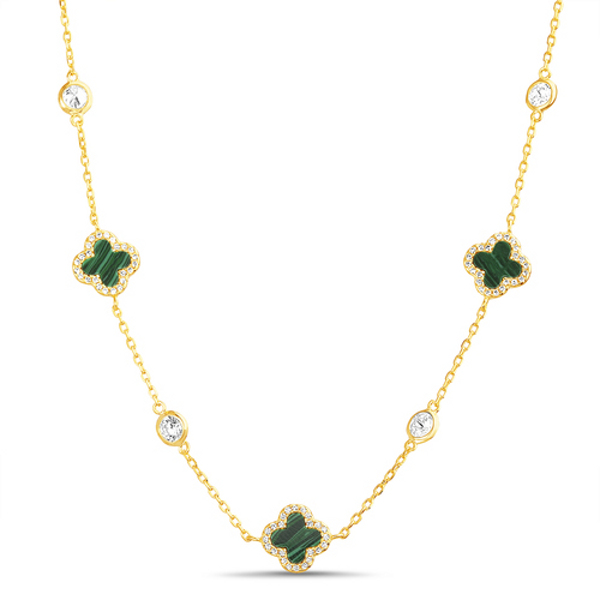 Conjunto trebol, dorado con verde y piedras blancas con virolas