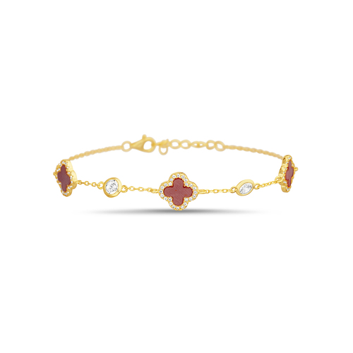 Pulsera trebol amarilla con rojo y piedras blancas con virolas