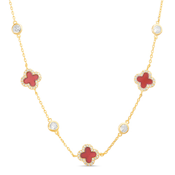 Conjunto trebol, dorado con rojo y piedras blancas con virolas