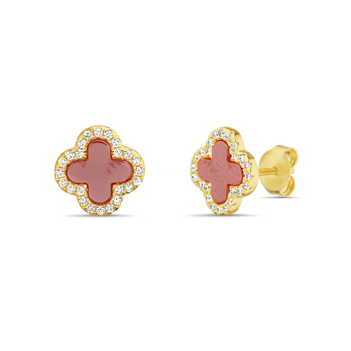 Par aros trebol dorado con rojo y piedras blancas