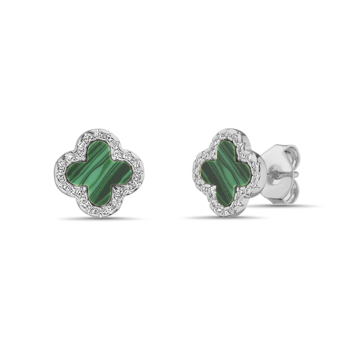 Par aros trebol, plateado con verde y piedras blancas