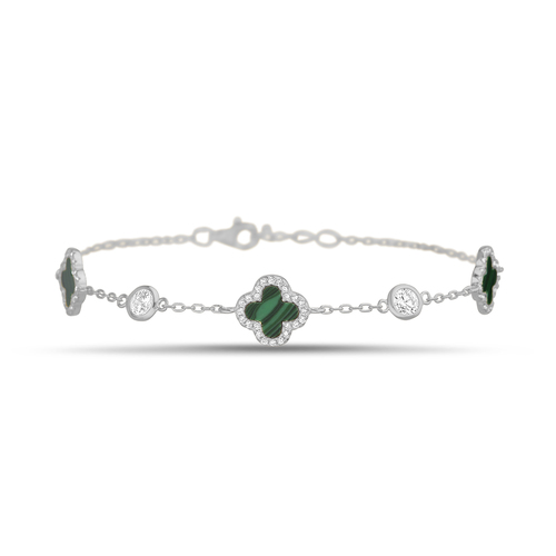 Pulsera trebol, plateada con verde y piedras blancas