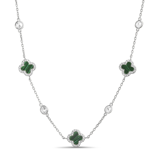 Conjunto trebol plateado con verde y piedras blancas