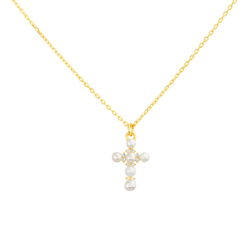 Conjunto amarillo cruz de perlas y piedras 
