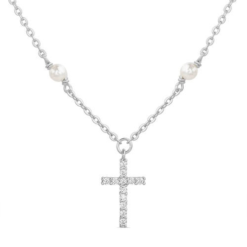 Conjunto cruz con piedras y perlas en la cadena