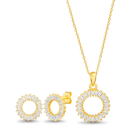Conjunto y par aros circulo con piedras baguettes, amarillo