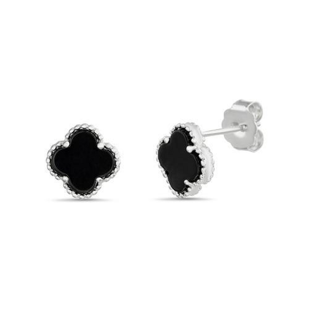 Par aros trebol plateado con onix