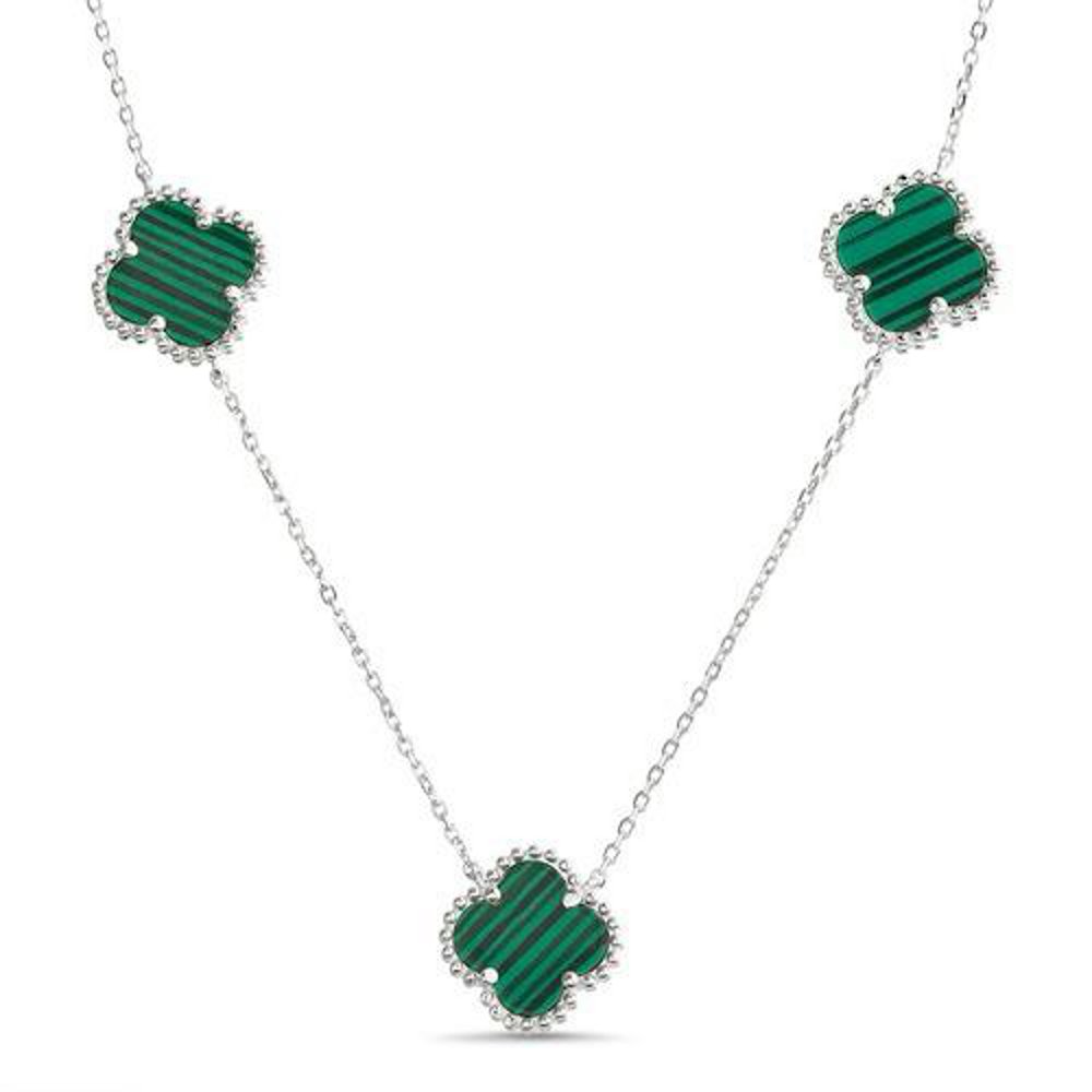 Conjunto trebol plateado con verde. Largo 60 cm
