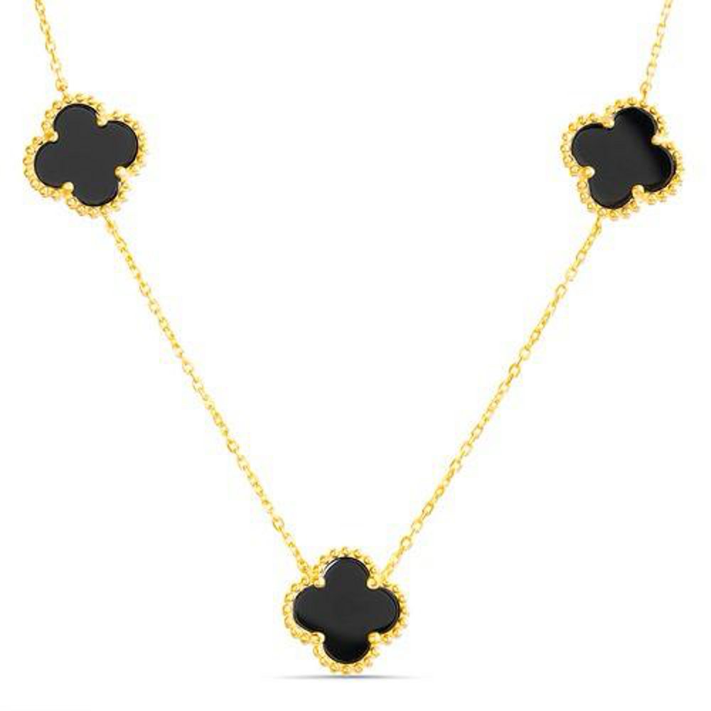 Conjunto 5 trebol dorado con onix. Largo 45 cm