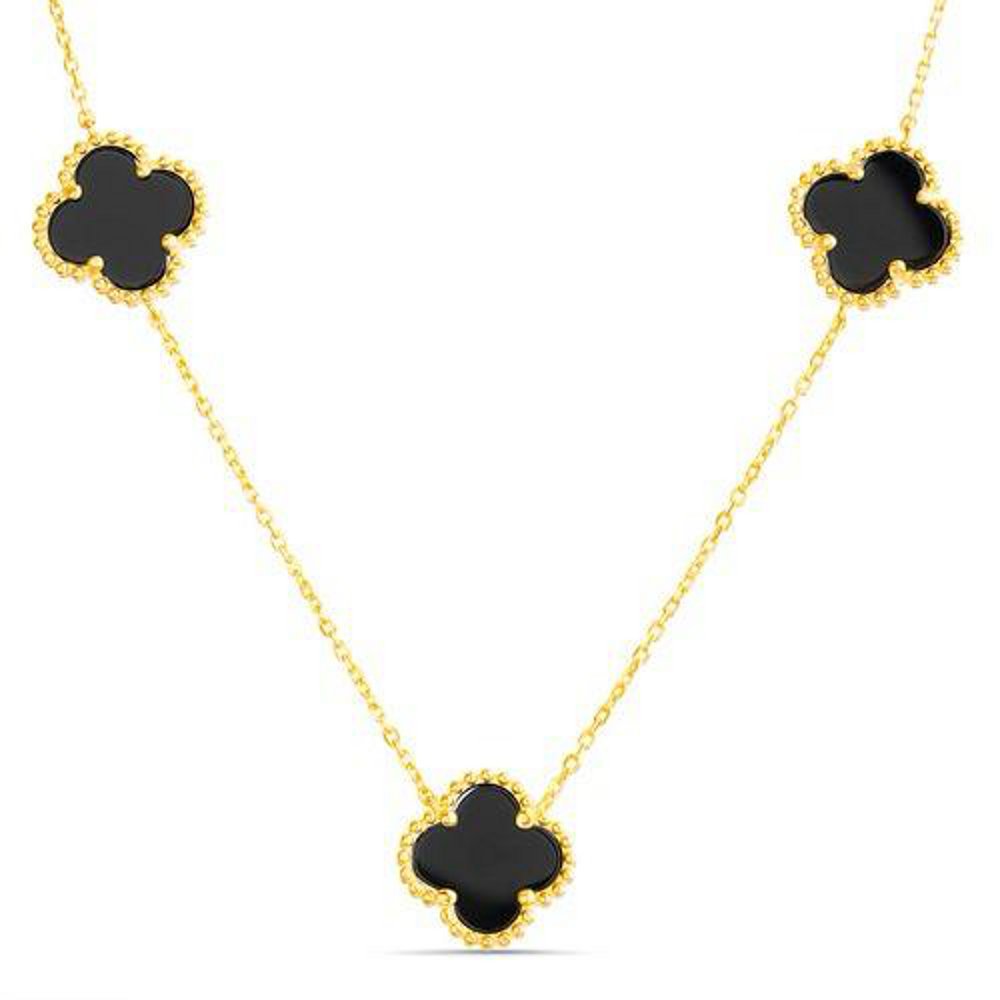 Conjunto 5 trebol dorado con onix. Largo 60 cm