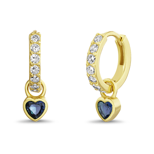 Par aros argollita con corazon colgante, amarillos con piedra azul. Diametro interno aprox: 1 cm