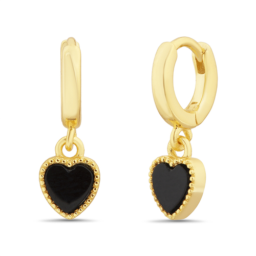 Par aros argollita amarillas con corazon de piedra negro. Diametro interno aprox: 5 mm