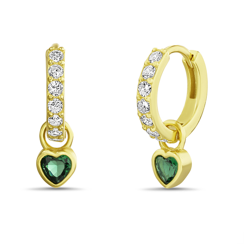Par aros argollita con corazon colgante, amarillos, con piedra verde. Diametro interno aprox: 1 cm