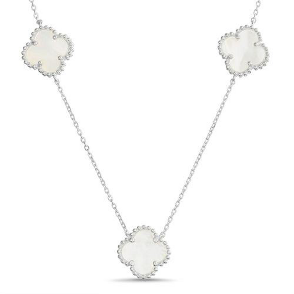 Conjunto  7 treboles plateado con nacar. Largo 60 cm