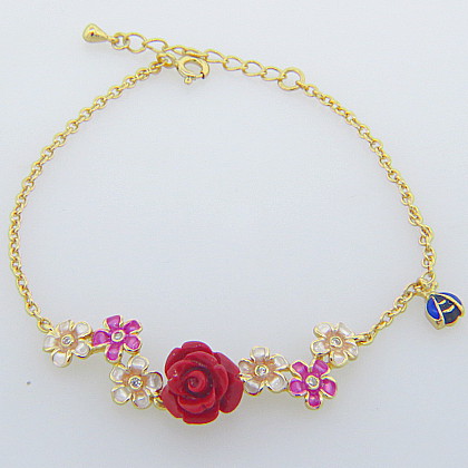 Pulsera de cadena Rosa central flores esmalte amarilla