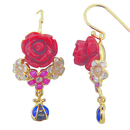 Par aro,s tipo colgante, gancho, rosa, flores, esmalte, amarillo