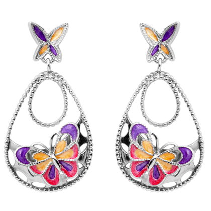 Par aros, colgantes, calados, ovalados, mariposa, esmalte