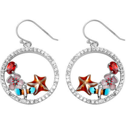 Par aros tipo colgante, circulo piedras, calado, estrella de mar, flor, mariposa, piedra roja, esmalte