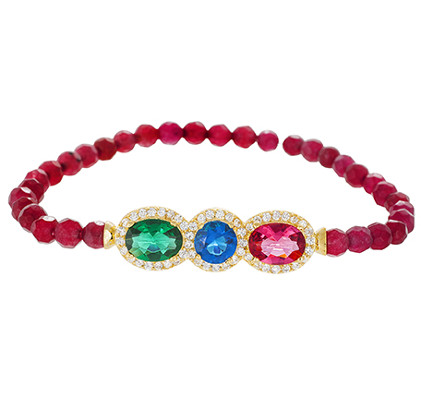 Pulsera bolitas rojas con piedras de colores cubic alrededor elastizada