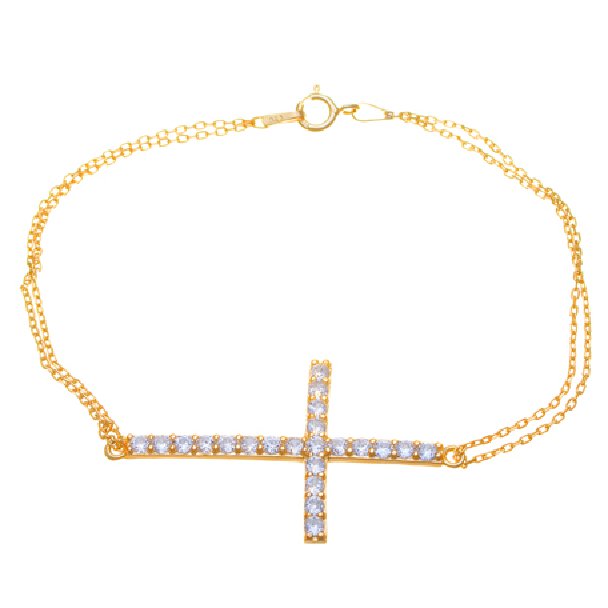 Pulsera doble cadena rolo cruz pasante pave amarilla
