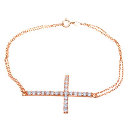 Pulsera doble cadena rolo cruz pasante pave roja