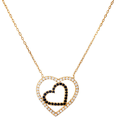 conjunto enchapado amarillo rodio negro doble corazon con piedras calado