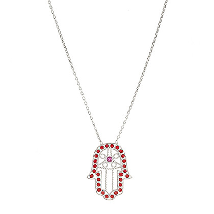 conjunto manito calada con piedras rojas y piedra rosada al centro