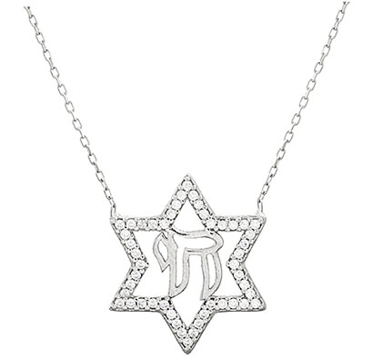 Conjunto estrella de david con jai, piedras blancas