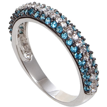 anillo medio sin fin tres filas de piedras blancas y celestes rodio negro