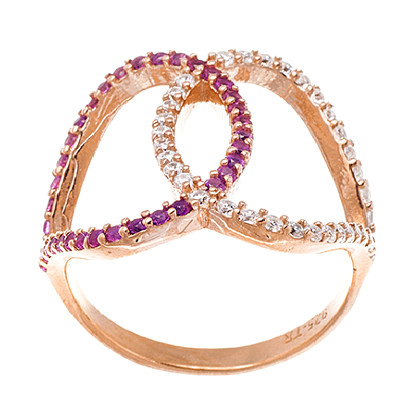anillo gotas cruzadas calado rosado, piedras rosadas y blancas