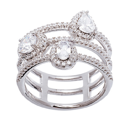 anillo ancho tres filas pavee con piedras en forma de gota